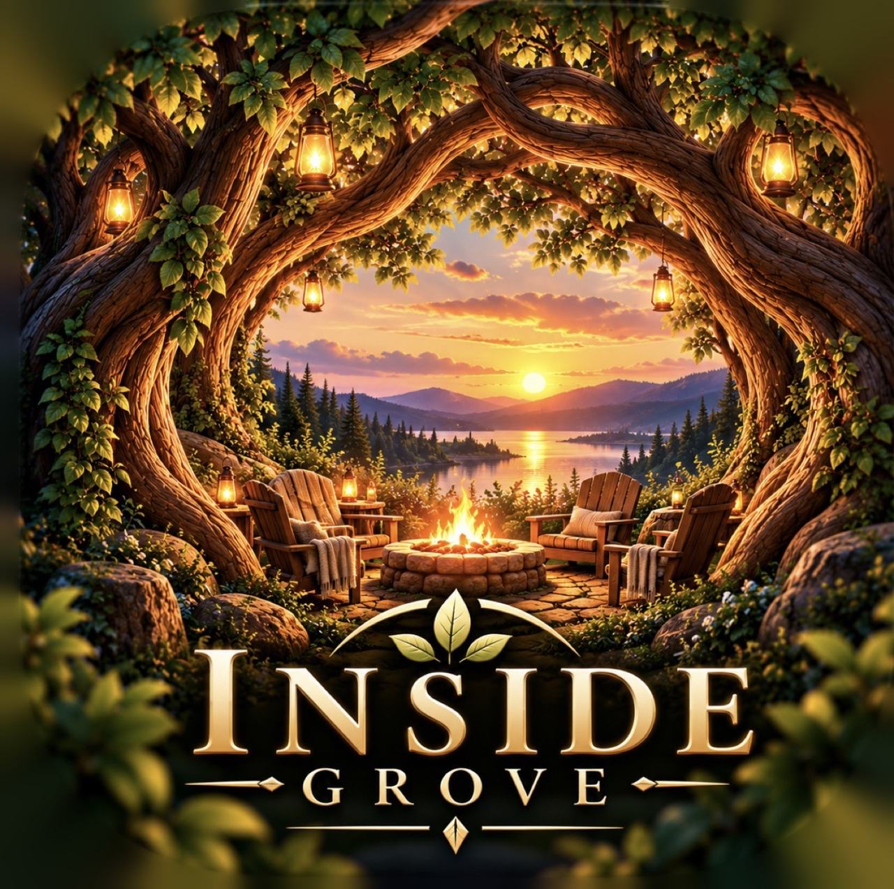InsideGrove: a stone fire pit and wooden chairs beneath an arch of old lantern-lit trees, a lake at sunset beyond, and the INSIDE GROVE wordmark
